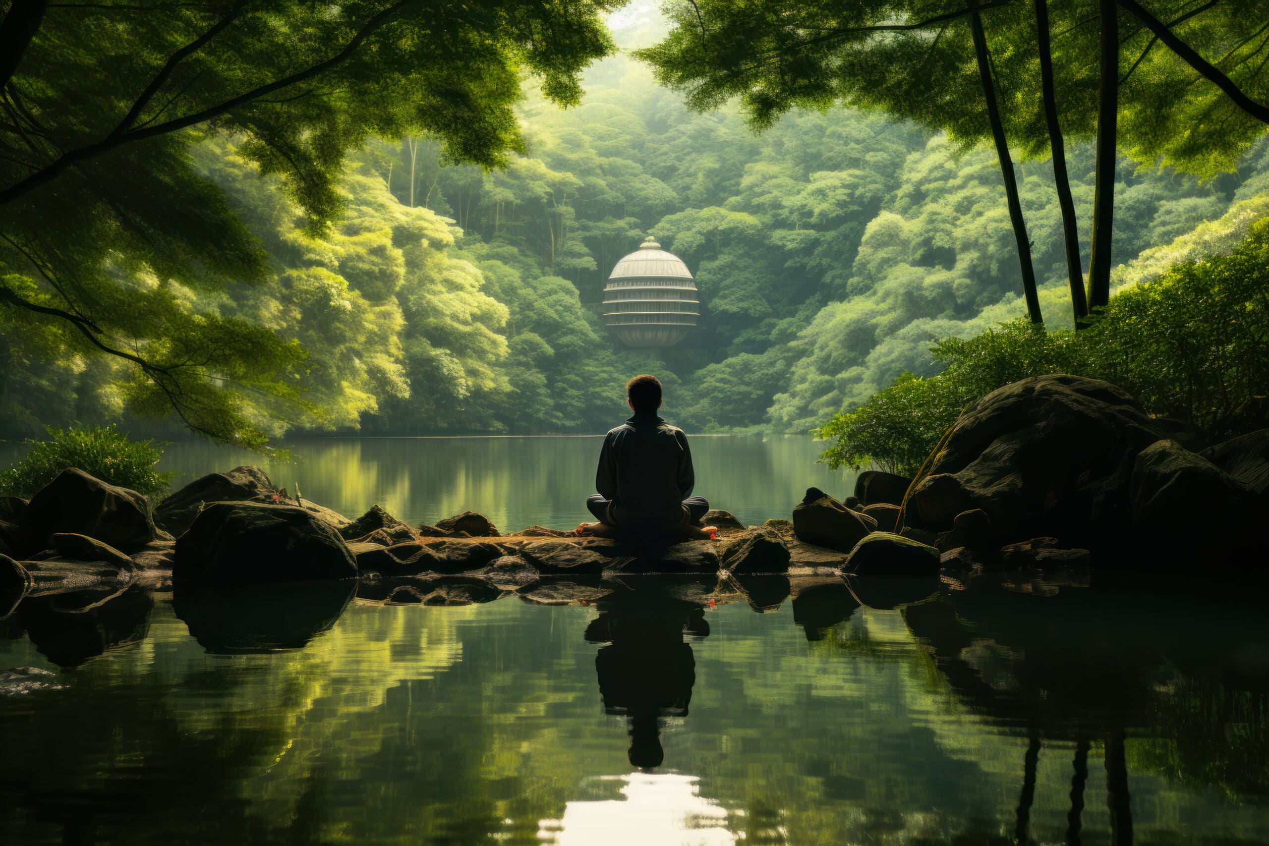 a man meditates against the background of green calm nature, the concept of yoga, self-knowledge generative ai
