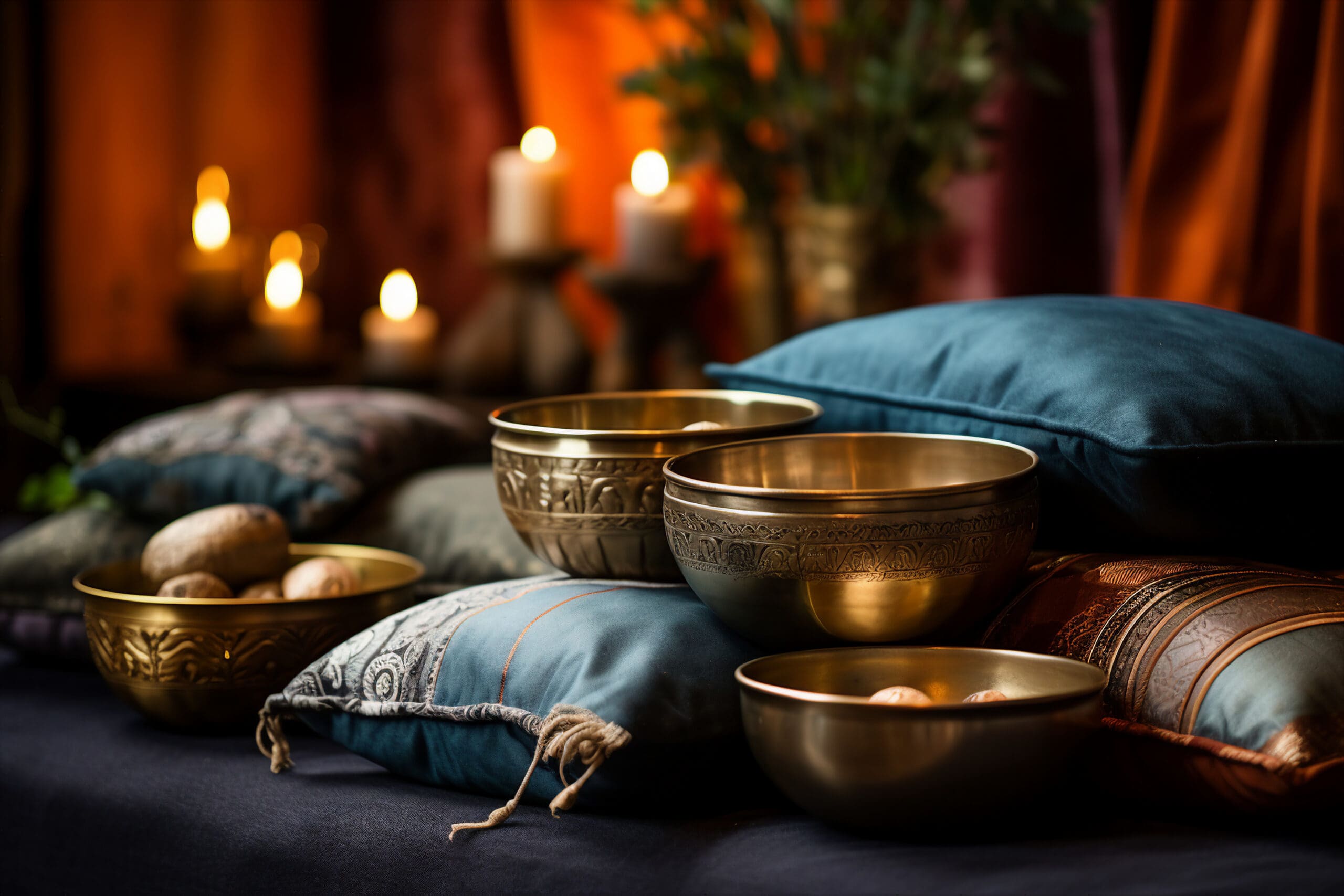 Assortment of singing bowls made of brass, placed on cushions and cloth backdrops.